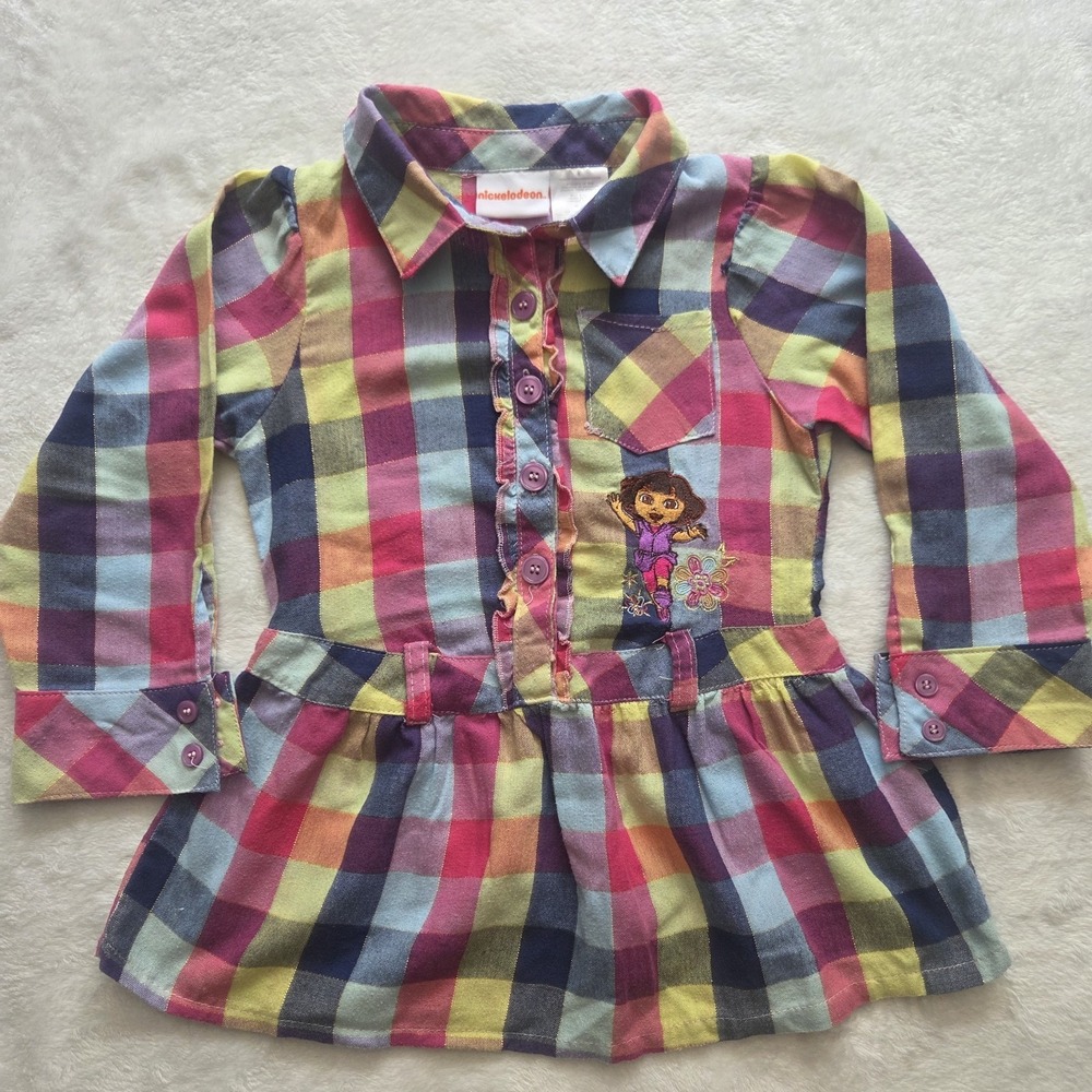 Vintage Nickelodeon Dora Plaid Button Up Tunic Shirt Girls Size 5 Y2K
